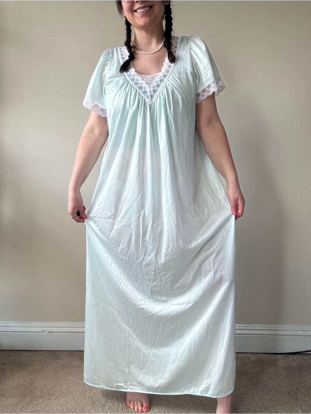 Vintage Light Mint Lace-Trim Nightgown